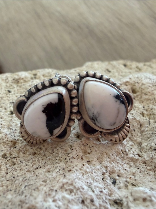 SouthWestArtisans Jewelry - ❤️White Buffalo Stud Teardrop Earrings Matte Brushed Sterling Navajo Style .58”L
